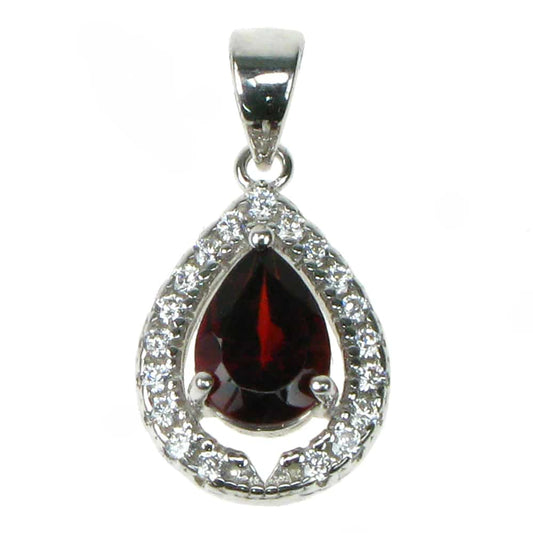 Silver, Garnet and Cubic Zirconia teardrop pendant