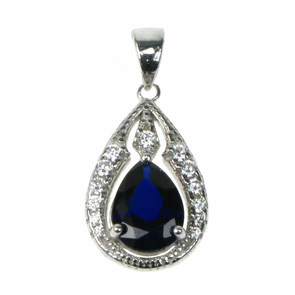 silver Created Sapphire and Cubic Zirconia bindi style drop pendant necklace