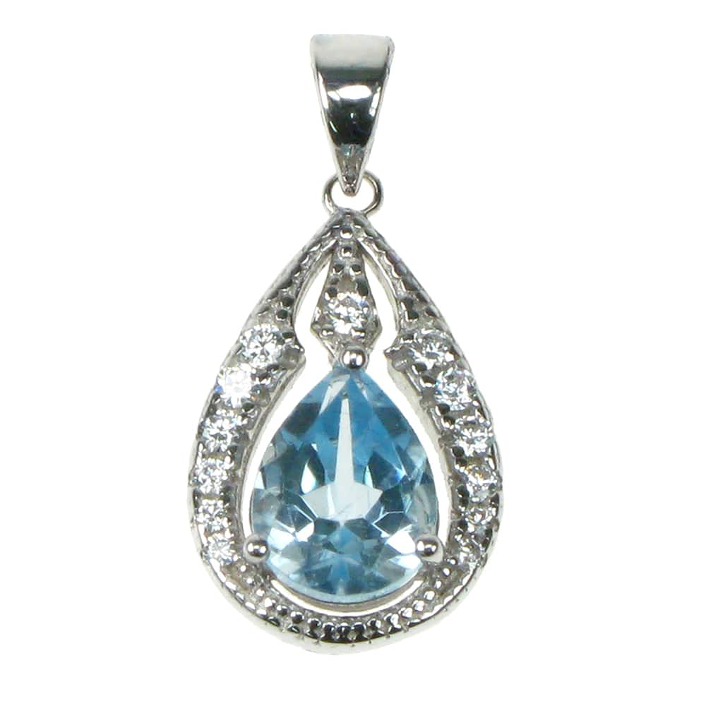 silver Blue Topaz and Cubic Zirconia bindi style drop pendant