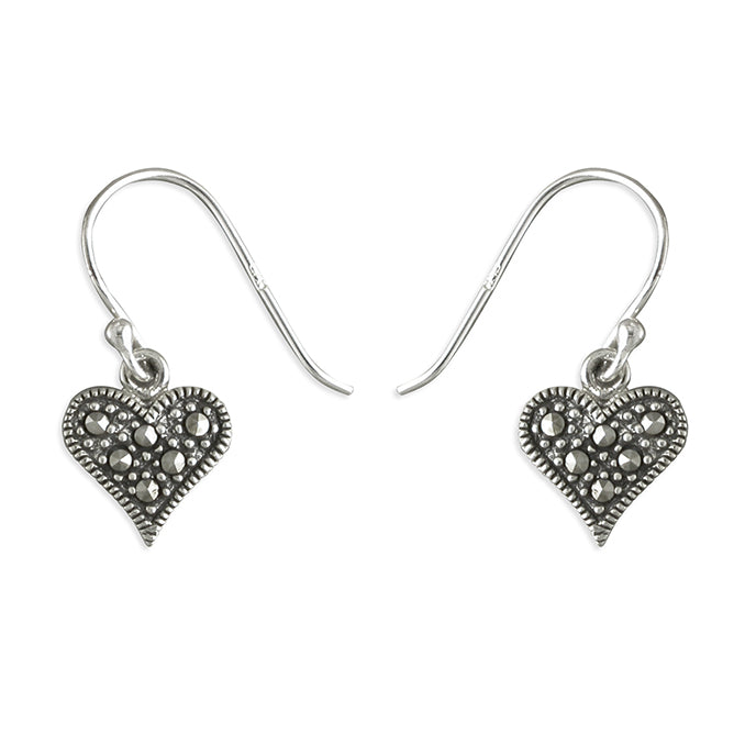 Silver Marcasite Heart Drop Earrings