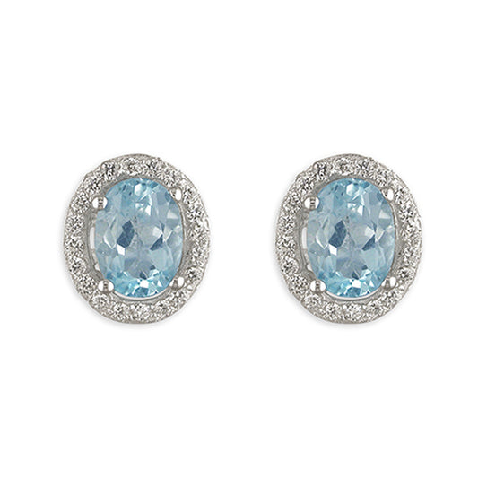 Silver, Blue Topaz and Cubic Zirconia oval Stud Earrings