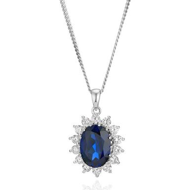 Silver created Sapphire And Cubic Zirconia Oval Pendant