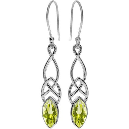 Silver and Peridot celtic design drop earrings.