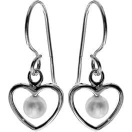 Silver and Freshwater Pearl Heart Drop Earrings.