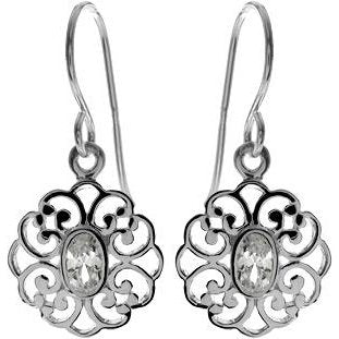 Silver Filligree Design with Oval Cubic Zirconia Drop Earrings