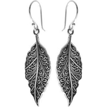 Silver Ornate Leaf Design Drop Earrings.