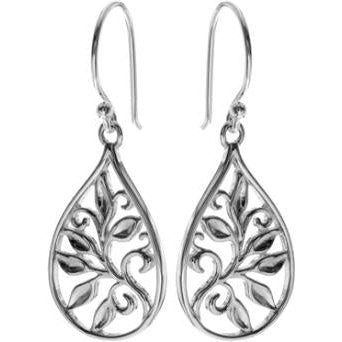Silver Teardrop Floral Design Drop Earrings