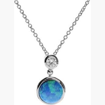 Silver, Blue Opalique and Cubic Zirconia round pendant