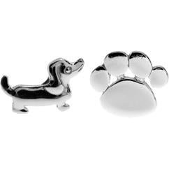Silver Dachshund and Paw Print Stud Earrings