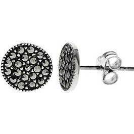 Silver and marcasite flat round stud earrings.