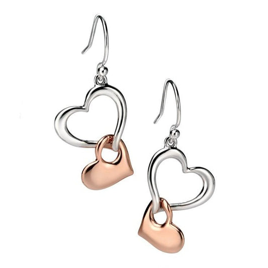 Fiorelli silver and rose gold plated detail double heart drop earrings