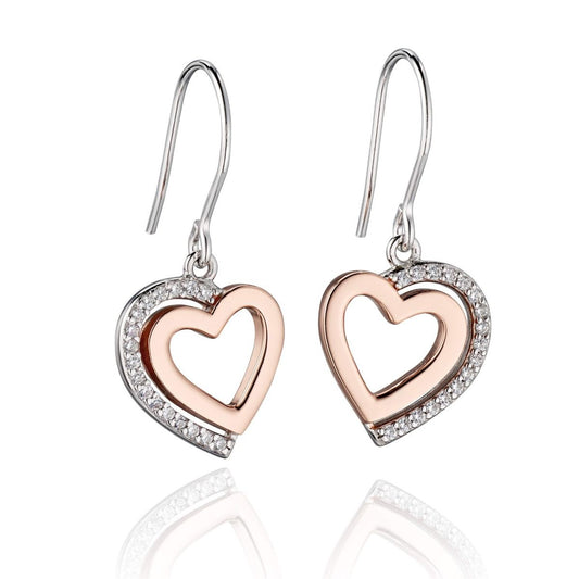 Fiorelli silver, cubic zirconia and rose gold plated detail open heart drop earrings
