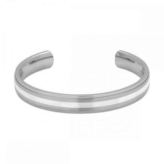 Gents Stainless Steel matte and polished torque bangle with silver inlay